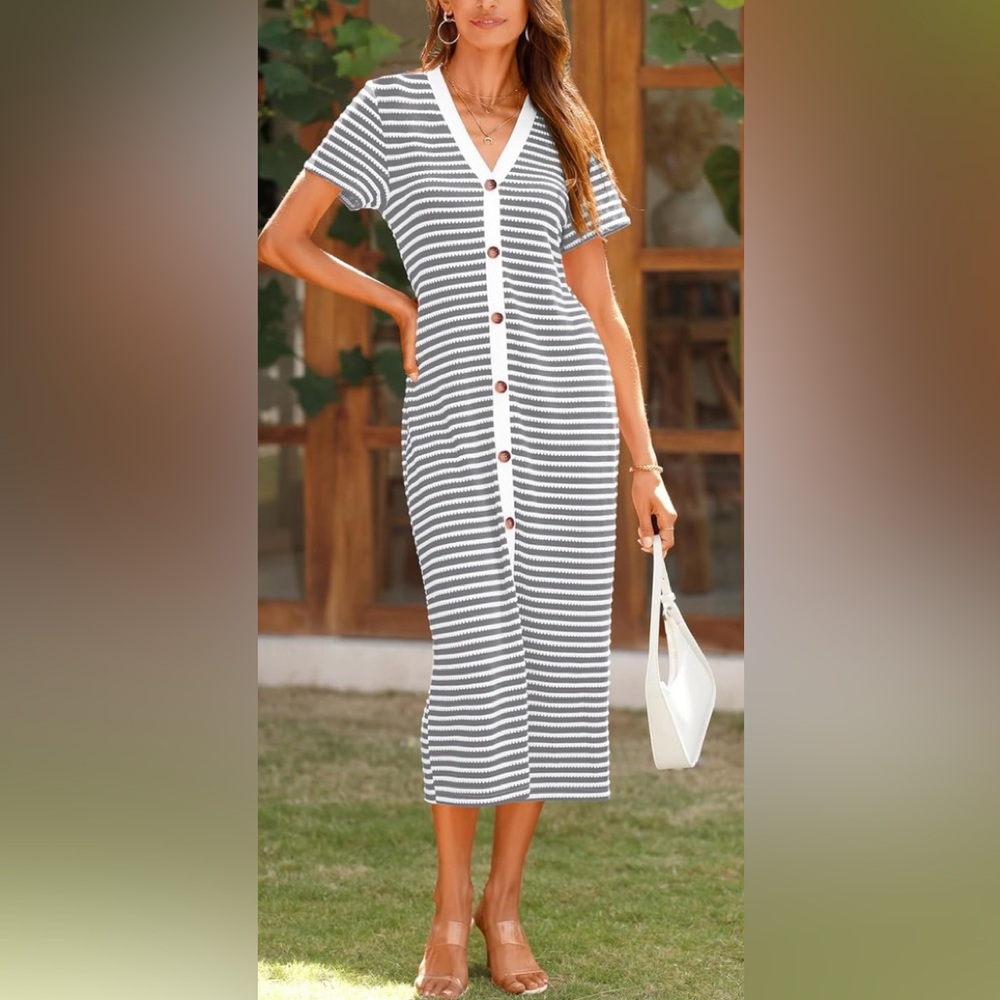 Women Casual Summer Dresses Short Sleeve Striped Midi Dresses Decorative Button